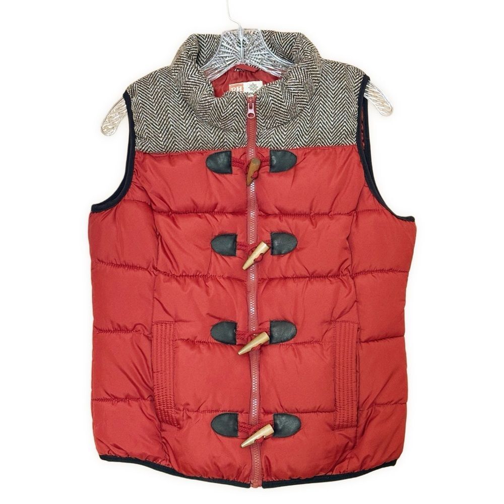 Ruff Hewn Red Puffer Vest Petite Large Herringbone Toggle Zip PL
